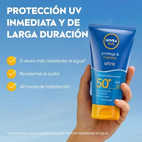 NIVEA SUN ▫️ NIVEA Protege & Hidrata Creme Solar FPS 50+ (150 ml) - Protetor Solar Ultra Resistente à Água e ao Suor - Creme Hidratante com Proteção Solar 48h - Fórmula Vegana - Absorção Rápida 3