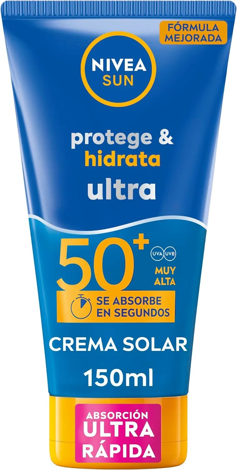NIVEA SUN ▫️ NIVEA Protege & Hidrata Creme Solar FPS 50+ (150 ml) - Protetor Solar Ultra Resistente à Água e ao Suor - Creme Hidratante com Proteção Solar 48h - Fórmula Vegana - Absorção Rápida