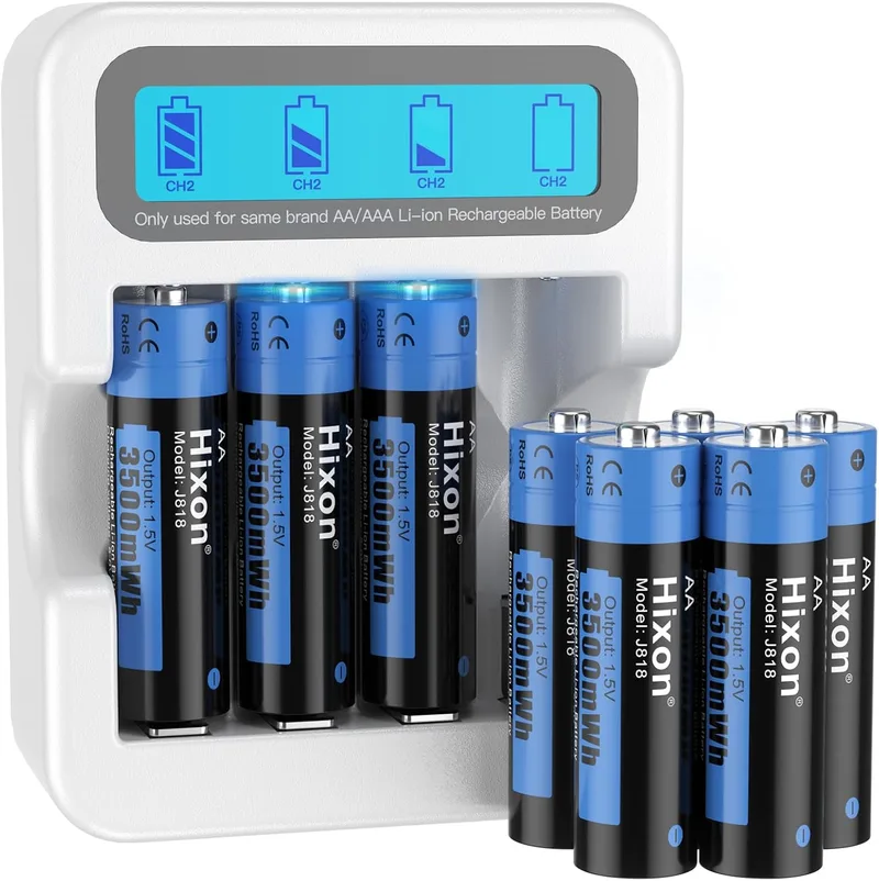 Hixon ▫️ Pilhas de lítio AA pilha de lítio recarregável de 1,5 V AA, 3500 mWh e 1600 ciclos longos, 8 unidades de pilhas de lítio de 1,5 V AA com carregador rápido com ecrã LCD branco