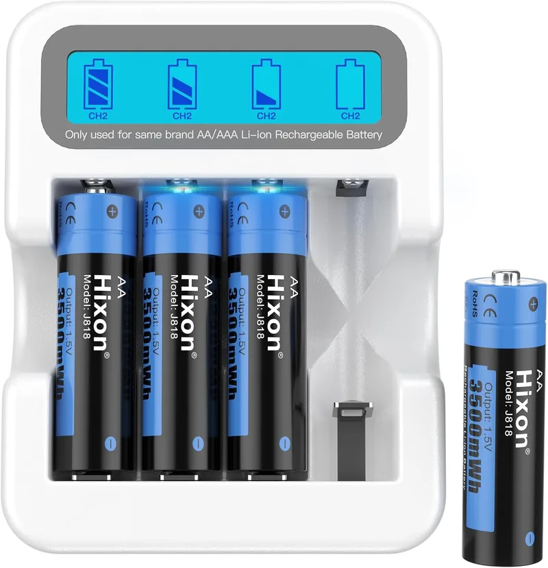 Hixon ▫️ Bateria de lítio recarregável 1,5V AA, 3500 mWh com 1600 ciclos longos, 2,0 horas de carga rápida, 4 pilhas de lítio AA de 1,5V e carregador branco com ecrã LCD inteligente