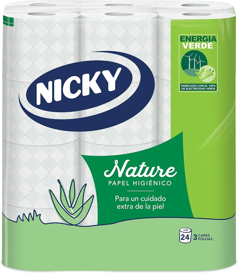 Nicky ▫️ Tecido higiénico Nature - Embalagem de 24 rolos, 170 folhas de 3 camadas, enriquecido com loção de Aloé Vera, confortável e suave para a pele