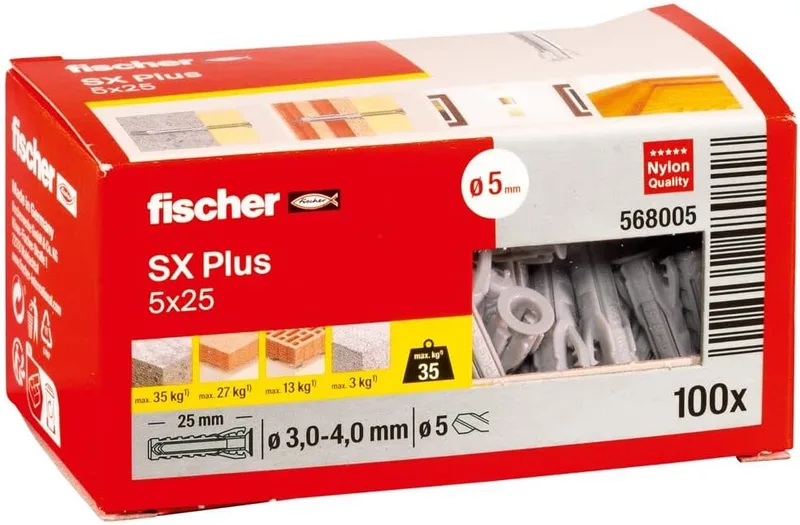 fischer ▫️ 568005 - Bucha de expansão SX Plus 5x25, caixa com 100 buchas de nylon, buchas para uma fixação ideal em betão, tijolo maciço e tijolo (Caixa de 100 unidades) | Bucha de nylon expansível de 4 vias para fixações seguras em materiais de construção sólidos e perfurados