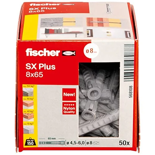 fischer ▫️ 568108 SX Plus - Bucha de expansão SX Plus 8x65, caixa com 50 buchas de nylon, buchas para uma fixação ideal em betão, tijolo maciço e tijolo (Caixa de 50 unidades) 2
