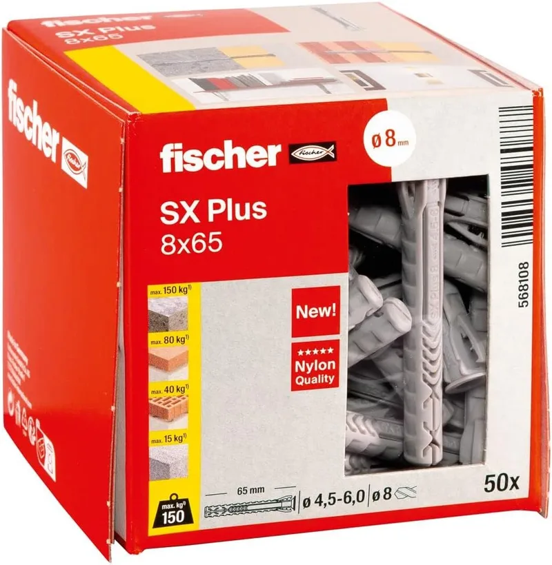 fischer ▫️ 568108 SX Plus - Bucha de expansão SX Plus 8x65, caixa com 50 buchas de nylon, buchas para uma fixação ideal em betão, tijolo maciço e tijolo (Caixa de 50 unidades)