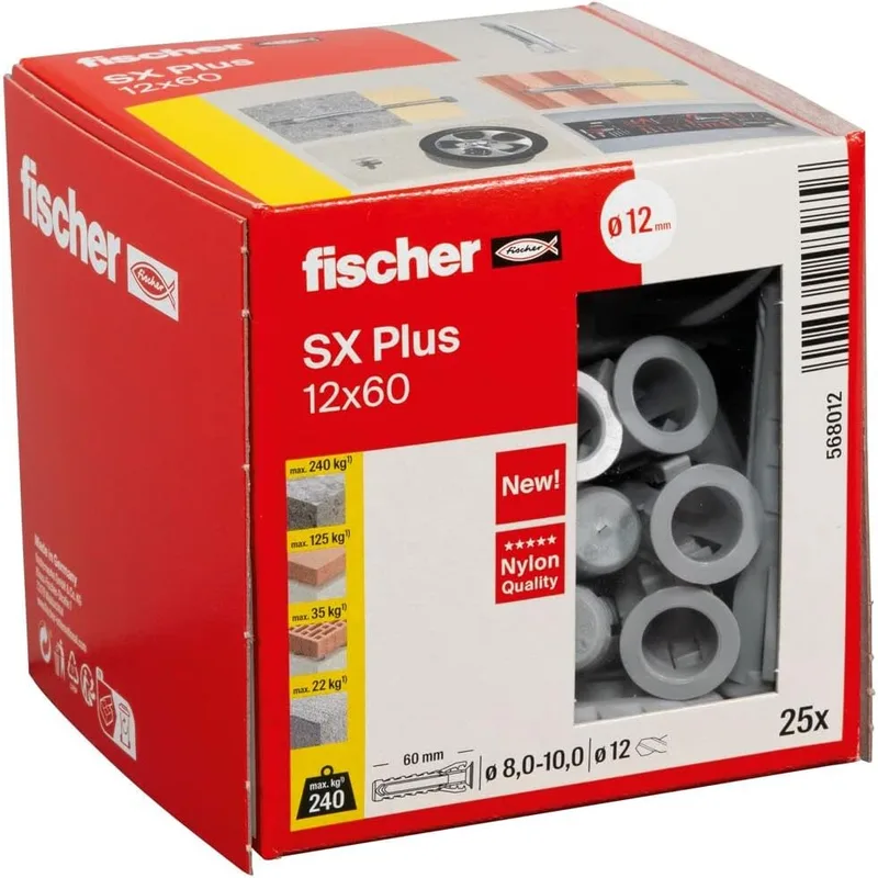 fischer ▫️ 568012 - Âncora de expansão SX Plus 12x60 mm, caixa com 25 âncoras de nylon, âncoras para fixação ideal em concreto, tijolo sólido, tijolo (caixa 25 pcs.)