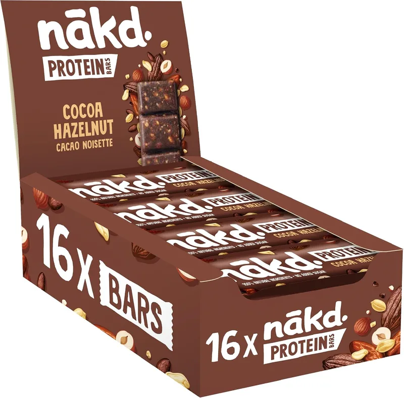 nākd. ▫️ Protein Cacau e Avelã | Barras Raw | 16 x 45 g (720 g)