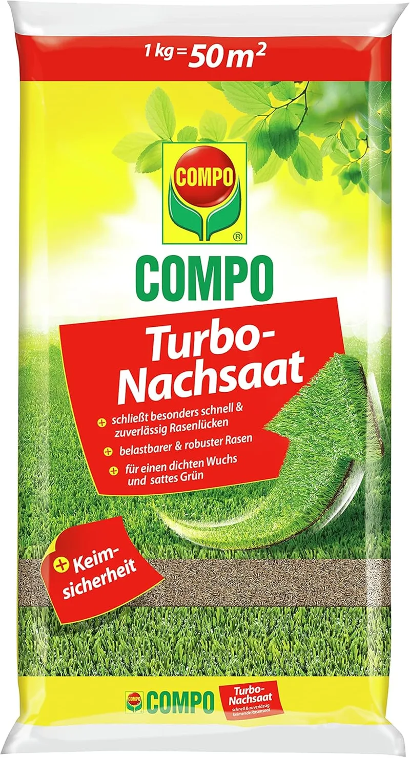 Compo ▫️ turbo seed, sementes para relva, preenche as lacunas do relvado de forma particularmente rápida e fiável, com segurança de germinação, 1 kg, 50 m², 1 kg, 50 m²