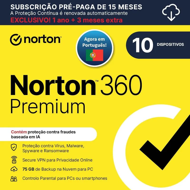 NORTONLIFELOCK ▫️ Norton 360 Premium 2026| Antivírus 10 Dispositivos| 15 meses com renovação automática| Transferência digital