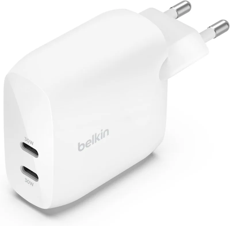 Belkin ▫️ Carregador de parede duplo BoostCharge USB-C PPS de 60 W, carregamento rápido | Tomada USB PPS, compatível com Samsung, Pixel e iPhone, 2 portas USB-C de 30 W, design compacto para viagens, compatibilidade universal