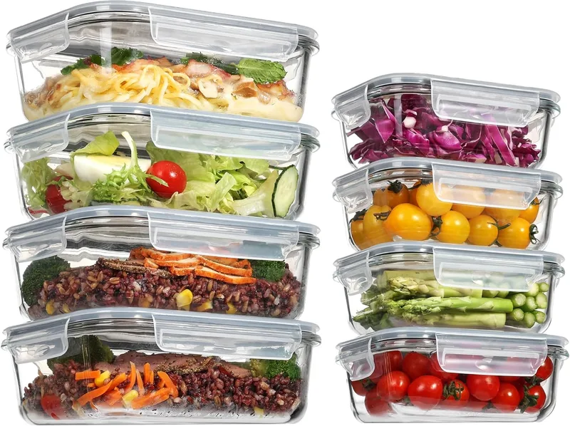 Vtopmart ▫️ Conjunto de 8 recipientes para preparação de refeições, Tupperware de vidro hermético (997ML e 355 ML), lancheira de vidro, sem BPA, empilhável, resistente ao calor, para refrigeração, campismo, etc.