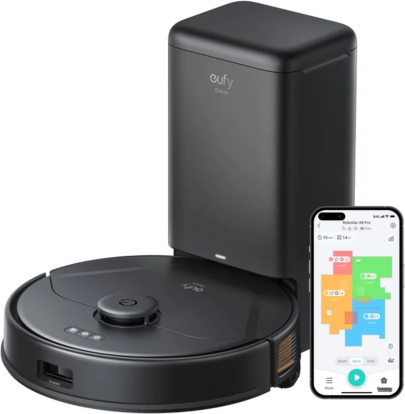 eufy ▫️ Robô aspirador Clean X8 Pro com base de esvaziamento automático, 2 turbinas Twin-Turbine™ de 4000 Pa, escova giratória anti-emaranhamento e navegação a laser iPath™ para limpar pêlos de animais de estimação em tapetes