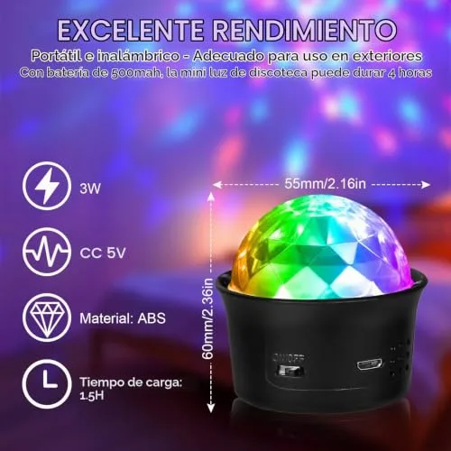 URAQT ▫️ Bola de Discoteca, 2 unidades de mini luzes RGB de discoteca, luzes de festa de discoteca com 4 cores ativadas pelo som, bola de discoteca recarregável para casa, bar, casamentos e interior de automóveis (preto) 3