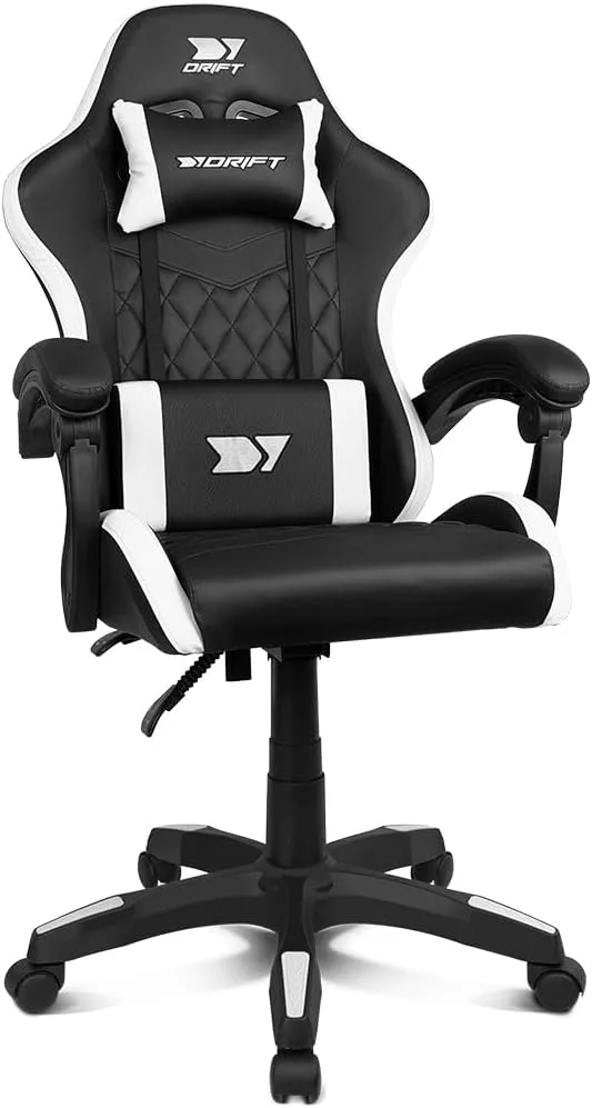 DRIFT GAMING ▫️ DR35 - Cadeira profissional, imitação de couro, apoios de braços almofadados, pistão de classe 3, base reforçada em nylon, assento basculante, altura ajustável, almofada lombar/cervical, preto/branco