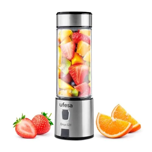 Ufesa ▫️ Onyx Go! Batedeira portátil recarregável, carregamento por USB, até 20 utilizações por carga, bateria de 5100 mAh, garrafa de Tritan de 400 ml, tampa desportiva, corpo e 6 lâminas de aço inoxidável 3
