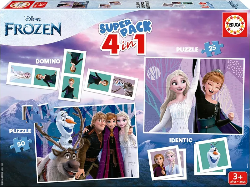 Educa ▫️ Superpack Frozen Elsa 4 em 1 | Puzzle para 4, 5 e 3 anos, Jogo de Mesa para Meninas | 2 Puzzles de 25 e 50 peças, Dominó com 28 peças, Memory | Presente para meninas de 3, 4 e 5 anos (19737)