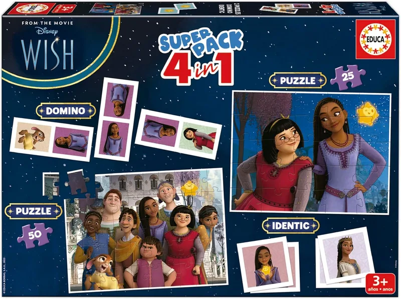 Educa ▫️ Superpack Disney Wish 4 em 1 | Puzzles, Dominó, Jogo da Memória Infantil | 2 Puzzles de 25 e 50 peças, Dominó com 28 peças, Identic com 28 cartas | Jogo educativo para crianças a partir dos 3 anos (19743)