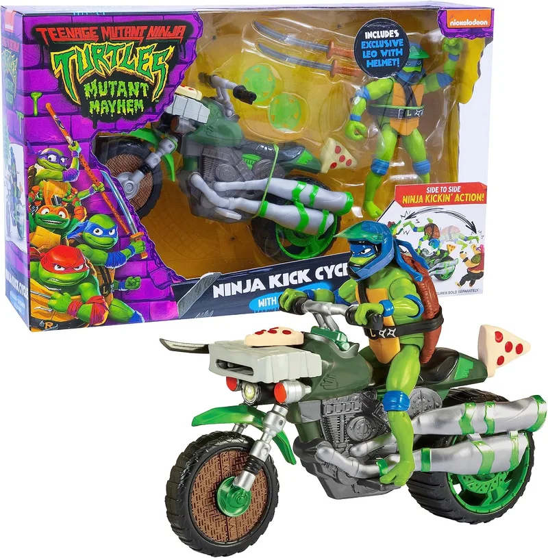TEENAGE MUTANT NINJA ▫️ Veículo e Figura do Leonardo da série «Ninja Kick Cycle» das Tartarugas Ninja, Moto de Brincar e Personagem do filme «Caos Mutante», TMNT, para fãs, meninos e meninas a partir dos 4 anos, Famosa (TU803100)