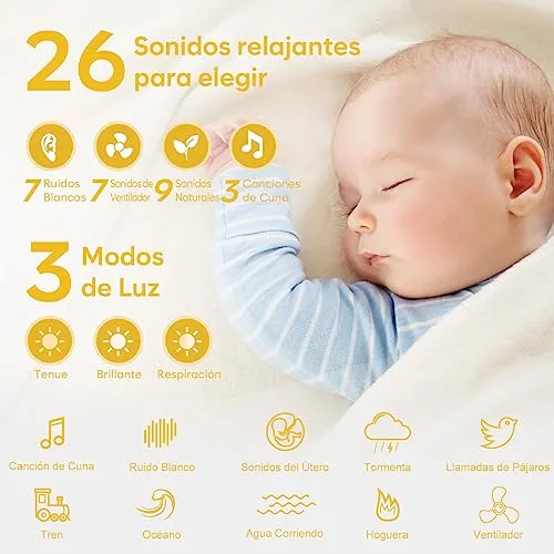 Easy@Home ▫️ Máquina de ruído branco para o sono do bebé: – Aparelho com 26 sons relaxantes, luz noturna ambiente ajustável em sete cores e temporizador 丨 Recarregável via Type-C 丨 Branco 2