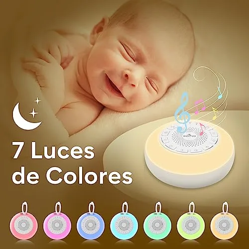 Easy@Home ▫️ Máquina de ruído branco para o sono do bebé: – Aparelho com 26 sons relaxantes, luz noturna ambiente ajustável em sete cores e temporizador 丨 Recarregável via Type-C 丨 Branco 3