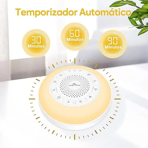 Easy@Home ▫️ Máquina de ruído branco para o sono do bebé: – Aparelho com 26 sons relaxantes, luz noturna ambiente ajustável em sete cores e temporizador 丨 Recarregável via Type-C 丨 Branco 6