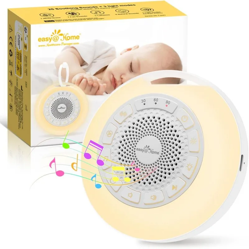 Easy@Home ▫️ Máquina de ruído branco para o sono do bebé: – Aparelho com 26 sons relaxantes, luz noturna ambiente ajustável em sete cores e temporizador 丨 Recarregável via Type-C 丨 Branco