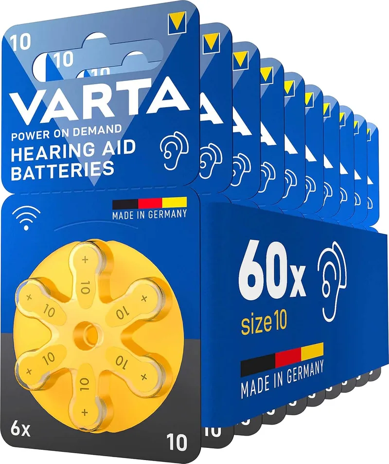 Varta ▫️ Pilhas para aparelhos auditivos, tipo 10 amarelo, embalagem de 60, Power on Demand, pilhas para aparelhos auditivos, pilhas de botão para aparelhos auditivos, Fabricadas na Alemanha | aprovadas para aparelhos auditivos Bluetooth sem fios, Tamanho p10, tecnologia zinco-ar, sem mercúrio, em d