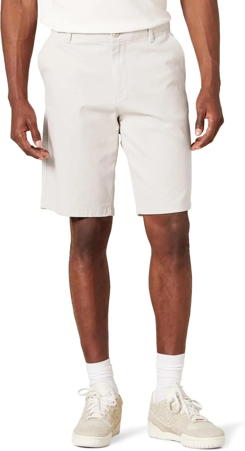 Amazon Essentials ▫️ Calções de algodão para homem, 28 cm, de corte justo, com frente plana e elástica, confortáveis