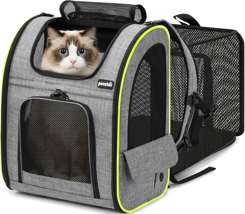 Pecute ▫️ Cat Carrier XL 6kg - 8kg Mochilas para cães e gatos Mochila expansível e dobrável para animais de estimação para viagens de comboio/auto/restaurante