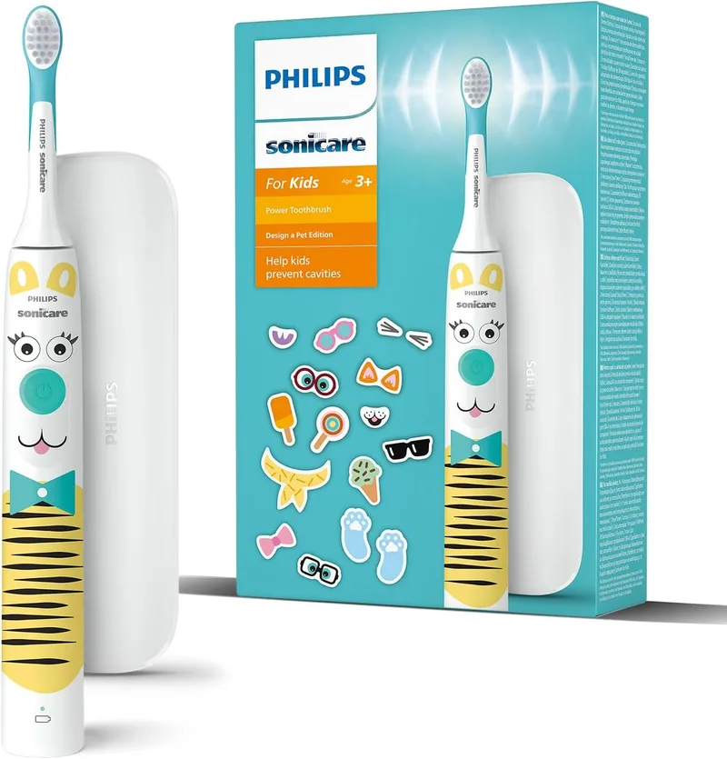Philips ▫️ Sonicare For Kids - Escova de dentes eléctrica Design a Pet Edition com autocolantes de animais de estimação para crianças, estojo de viagem compacto e carregador USB modelo HX3603/01