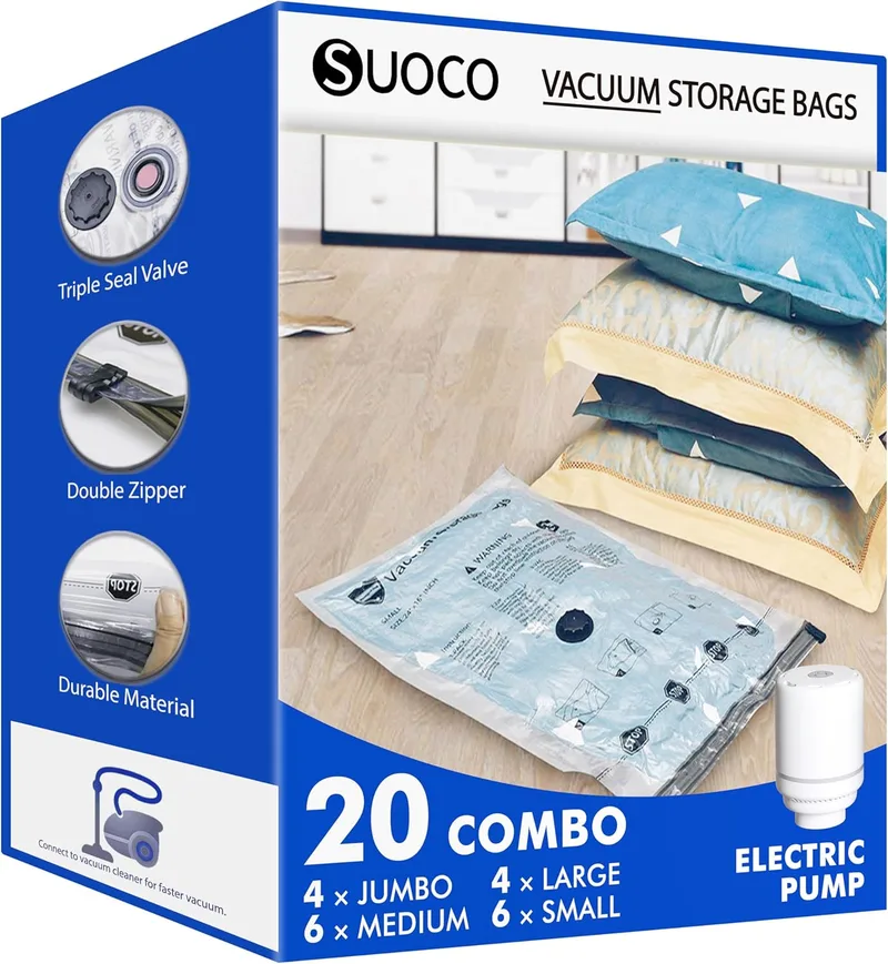 SUOCO ▫️ Sacos de roupa em vácuo, conjunto de 20 sacos (4J + 4L + 6M + 6S) com bomba eléctrica, sacos de armazenamento em vácuo para roupa e edredões, viagens e casa, robustos e reutilizáveis