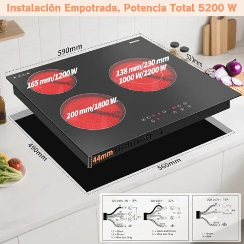 Karinear ▫️ Placa Vitrocerâmica de 3 fogões, 60 cm, com zona de extensão, 5200 W 5