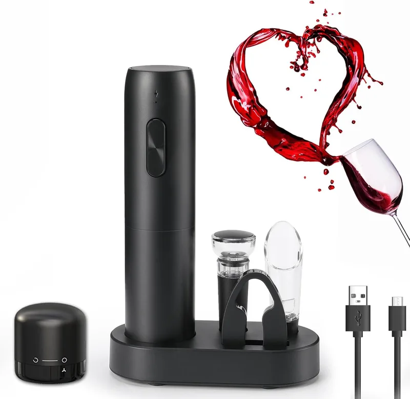 ZOYIDOUX ▫️ Conjunto de oferta de saca-rolhas elétrico recarregável 7 em 1, abridor de vinho elétrico com base de carregamento, cortador de vinho, rolha de silicone para vácuo, rolha de vinho, rolha de vinho, despejador, linha USB