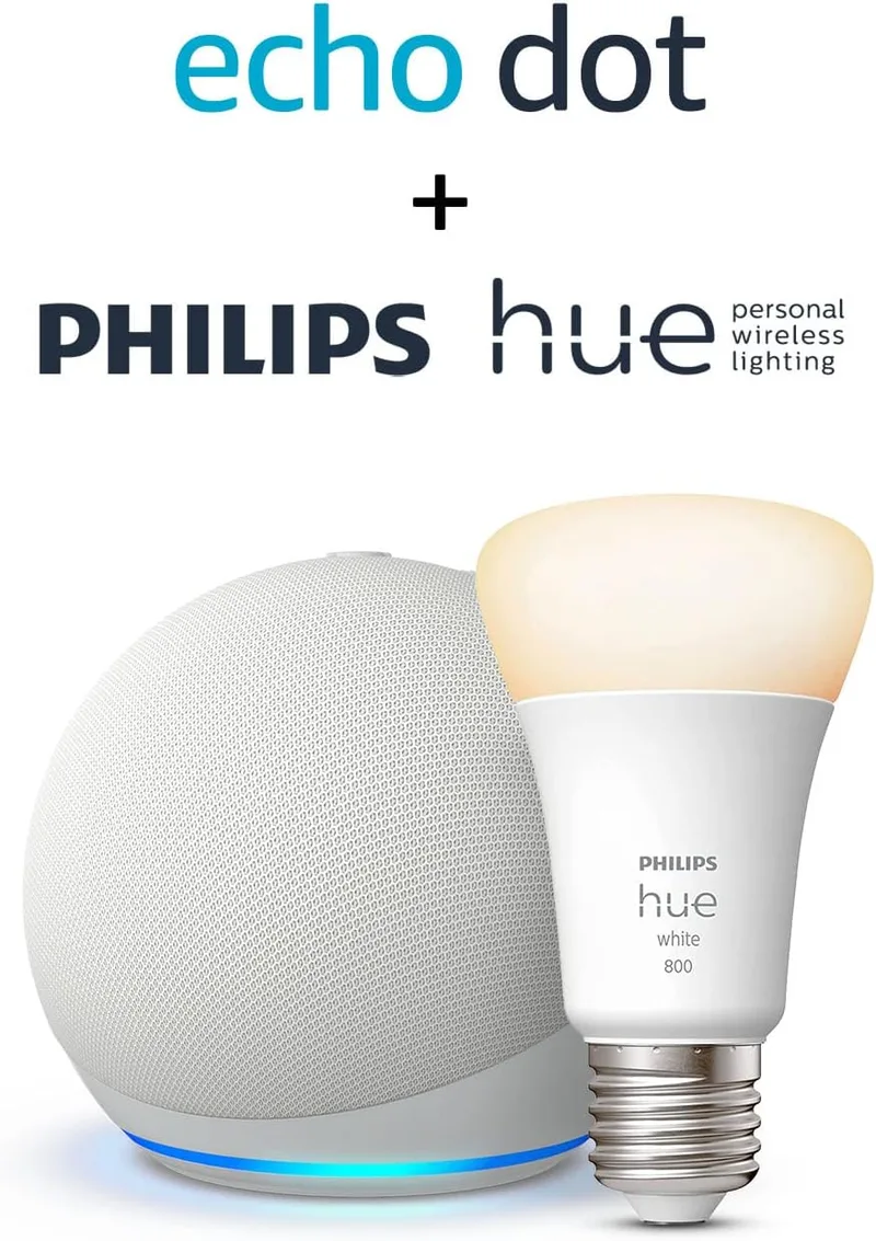 Amazon ▫️ Echo Dot (5.ª geração) | Branco + Lâmpada inteligente Philips Hue White (E27), compatível com a Alexa - Kit inicial para a casa digital
