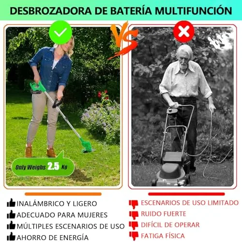 Gompuy ▫️ Desbastador a bateria, desbastador elétrico com lâmina, aparador de relva a bateria com 2 baterias de íon-lítio de 21 V, comprimento ajustável, adequado para relvados e jardins pequenos e médios, cortador 3