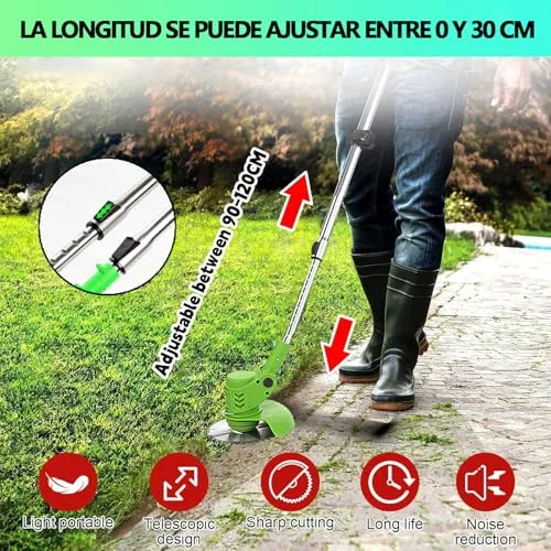 Gompuy ▫️ Desbastador a bateria, desbastador elétrico com lâmina, aparador de relva a bateria com 2 baterias de íon-lítio de 21 V, comprimento ajustável, adequado para relvados e jardins pequenos e médios, cortador 6