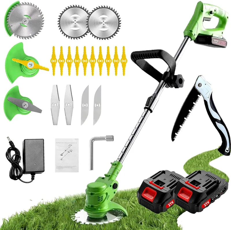 Gompuy ▫️ Desbastador a bateria, desbastador elétrico com lâmina, aparador de relva a bateria com 2 baterias de íon-lítio de 21 V, comprimento ajustável, adequado para relvados e jardins pequenos e médios, cortador