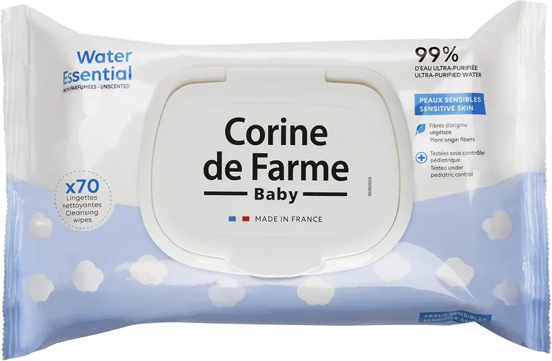 Corine de Farme ▫️ Change Water Essential Baby Wipes x70 - Produto de higiene pessoal em fibra vegetal - 99% de água ultra-purificada - Higiene desde o nascimento - Tampa com fecho