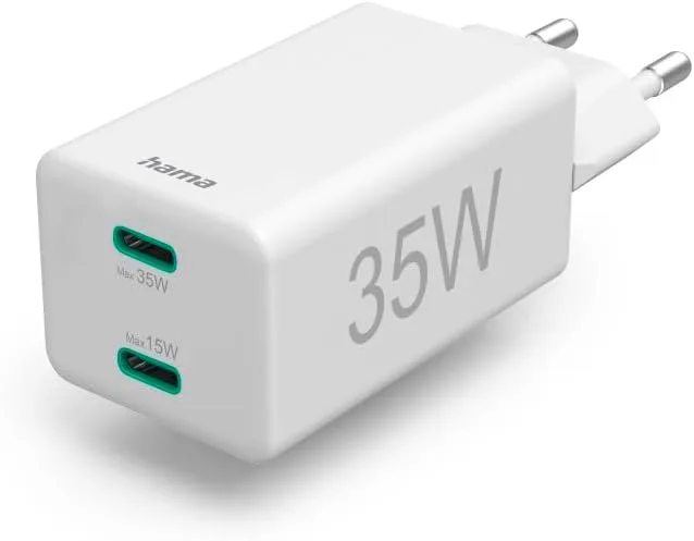 Hama ▫️ 35W - Carregador rápido USB C de 2 portas com fornecimento de energia e certificação Qualcomm® Quick Charge™ 3.0, branco