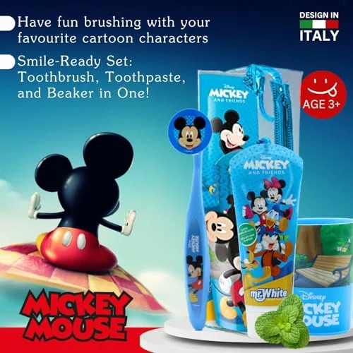 Mr White ▫️ Mr.White Mickey Mouse - Conjunto de sacos para crianças, ideal para viagens, inclui escova de dentes manual com ventosa, tampa de viagem, pasta de dentes com sabor suave a menta para crianças, 75 ml, e 1 2