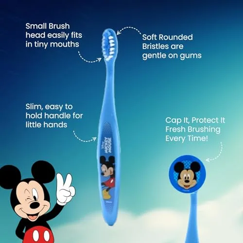 Mr White ▫️ Mr.White Mickey Mouse - Conjunto de sacos para crianças, ideal para viagens, inclui escova de dentes manual com ventosa, tampa de viagem, pasta de dentes com sabor suave a menta para crianças, 75 ml, e 1 3