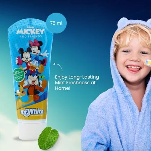 Mr White ▫️ Mr.White Mickey Mouse - Conjunto de sacos para crianças, ideal para viagens, inclui escova de dentes manual com ventosa, tampa de viagem, pasta de dentes com sabor suave a menta para crianças, 75 ml, e 1 4