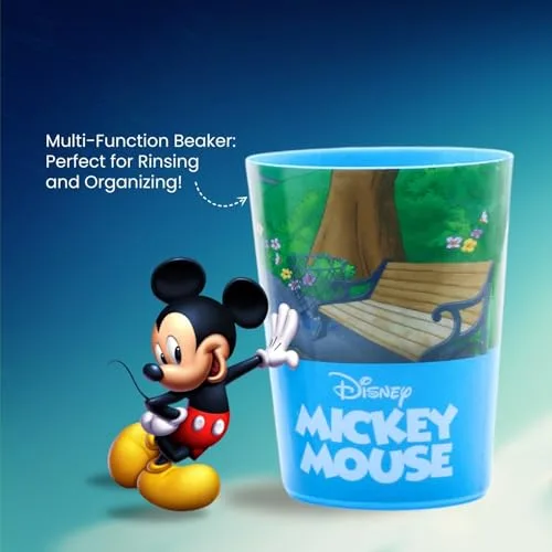 Mr White ▫️ Mr.White Mickey Mouse - Conjunto de sacos para crianças, ideal para viagens, inclui escova de dentes manual com ventosa, tampa de viagem, pasta de dentes com sabor suave a menta para crianças, 75 ml, e 1 5