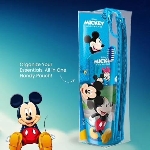 Mr White ▫️ Mr.White Mickey Mouse - Conjunto de sacos para crianças, ideal para viagens, inclui escova de dentes manual com ventosa, tampa de viagem, pasta de dentes com sabor suave a menta para crianças, 75 ml, e 1 6