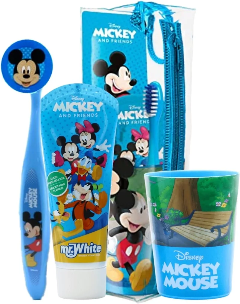 Mr White ▫️ Mr.White Mickey Mouse - Conjunto de sacos para crianças, ideal para viagens, inclui escova de dentes manual com ventosa, tampa de viagem, pasta de dentes com sabor suave a menta para crianças, 75 ml, e 1