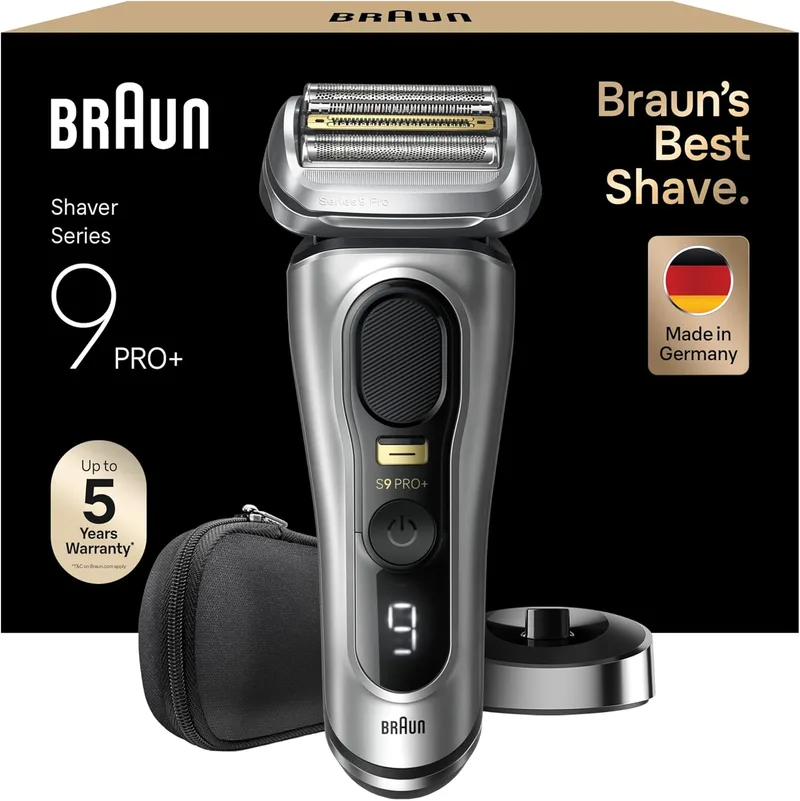Braun ▫️ Series 9 Pro+ Máquina de barbear elétrica para homem, com base de carregamento e estojo de viagem, para barbear a seco e a húmido, 60 minutos de autonomia, 9517S, prateada
