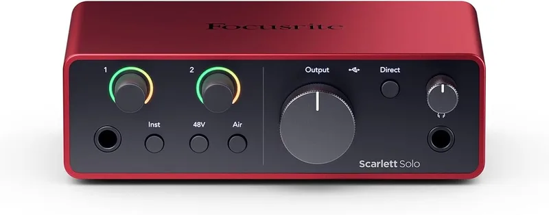 Focusrite ▫️ Interface de áudio USB Scarlett Solo de 4ª geração para guitarristas, cantores ou produtores. Alta fidelidade, gravação com som de estúdio e todo o software de que necessita.