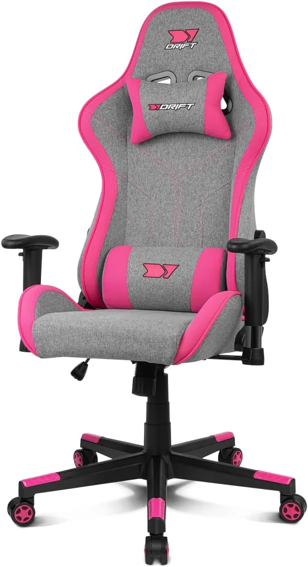 DRIFT GAMING ▫️ DR90 - Cadeira Profissional, Tecido, Apoios de Braços 2D, Base de Nylon Reforçado, Pistão Classe 4, Inclinação, Almofada Lombar/Cervical, Cinzento/Rosa