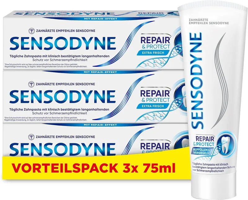 Sensodyne ▫️ Repair* & Protect - Pasta de dentes para uso diário com fluoreto de estanho, para dentes sensíveis à dor e proteção duradoura, 3 x 75 ml
