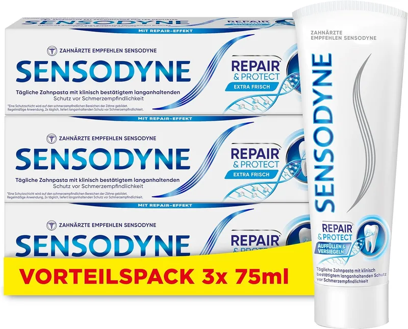Sensodyne ▫️ Repair* & Protect - Pasta de dentes para uso diário com fluoreto de estanho, para dentes sensíveis à dor e proteção duradoura, 3 x 75 ml