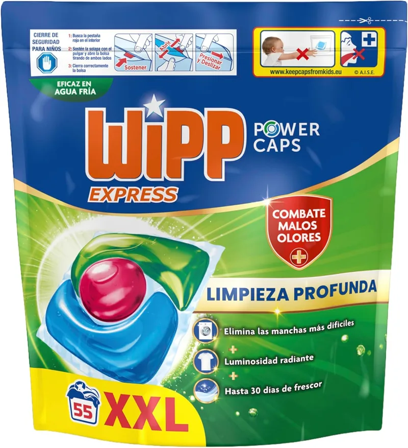Wipp Express ▫️ Power Caps Higiene e Anti-odores Detergente em Cápsulas para Máquina de Lavar Roupa, 55 doses, Limpeza Profunda, Eficaz em água fria, versão antiga